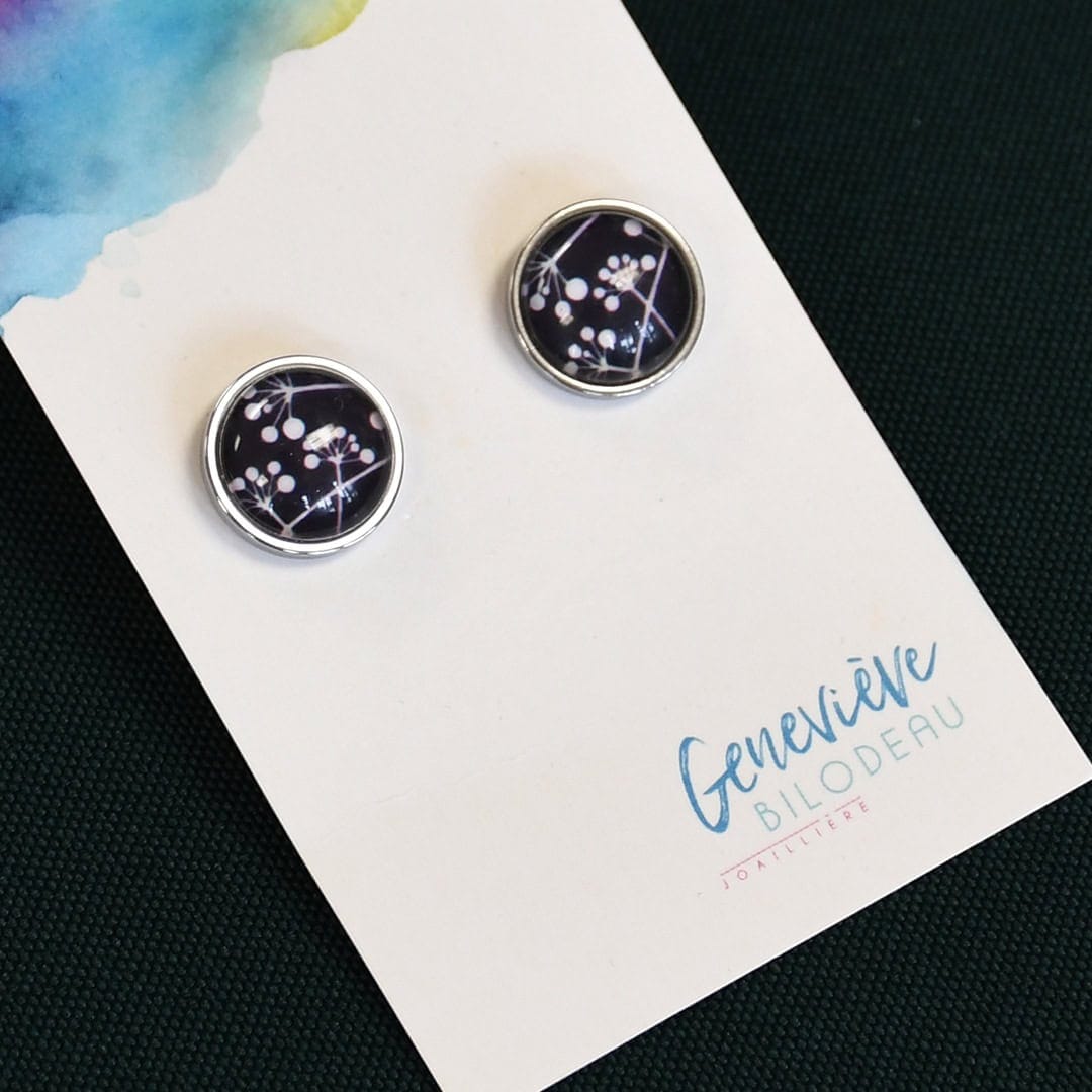 Boucles d'oreille fixe cabochon de verre, acier inoxydable